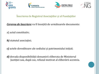 Înscrierea în Registrul Asociațiilor și al Fundațiilor
Cererea de înscriere va fi însoțită de următoarele documente:
a) actul constitutiv;
b) statutul asociației;
c) actele doveditoare ale sediului și patrimoniului inițial;
d) dovada disponibilității denumirii eliberata de Ministerul
Justiției sau, după caz, refuzul motivat al eliberării acesteia.
 