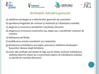Atribuţiile Adunării generale
a) stabilirea strategiei şi a obiectivelor generale ale asociaţiei;
b) aprobarea bugetului de venituri şi cheltuieli şi a bilanţului contabil;
c) alegerea şi revocarea membrilor consiliului director;
d) alegerea şi revocarea cenzorului sau, după caz, a membrilor comisiei de
cenzori;
e) înfiinţarea de filiale;
f) modificarea actului constitutiv şi a statutului;
g) dizolvarea şi lichidarea asociaţiei, precum şi stabilirea destinaţiei
bunurilor rămase după lichidare;
h) orice alte atribuţii prevăzute în lege sau în statut, inclusiv schimbarea
sediului (dacă în statut nu s-a prevăzut expres că schimbarea sediului
se decide de consiliul director)
 
