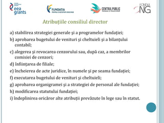 Atribuțiile consiliul director
a) stabilirea strategiei generale şi a programelor fundației;
b) aprobarea bugetului de venituri şi cheltuieli şi a bilanțului
contabil;
c) alegerea şi revocarea cenzorului sau, după caz, a membrilor
comisiei de cenzori;
d) înființarea de filiale;
e) încheierea de acte juridice, în numele şi pe seama fundației;
f) executarea bugetului de venituri şi cheltuieli;
g) aprobarea organigramei şi a strategiei de personal ale fundației;
h) modificarea statutului fundației;
i) îndeplinirea oricăror alte atribuții prevăzute în lege sau în statut.
 
