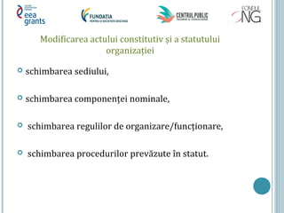 Modificarea actului constitutiv şi a statutului
organizației
 schimbarea sediului,
 schimbarea componenței nominale,
 schimbarea regulilor de organizare/funcționare,
 schimbarea procedurilor prevăzute în statut.
 