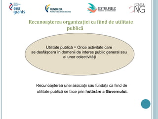 Recunoaşterea organizației ca fiind de utilitate
publică
Utilitate publică = Orice activitate care
se desfă oara în domenii de interes public general sauș
al unor colectivită iț
Recunoaşterea unei asociaţii sau fundaţii ca fiind de
utilitate publică se face prin hotărâre a Guvernului.
 