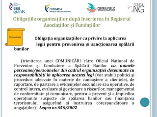 Obligațiile organizațiilor după înscrierea în Registrul
Asociațiilor și Fundațiilor
Obligaţia organizaţiilor cu privire la aplicarea
legii pentru prevenirea şi sancţionarea spălării
banilor
(trimiterea unei COMUNICĂRI către Oficiul Național de
Prevenire şi Combatere a Spălării Banilor cu numele
persoanei/persoanelor din cadrul organizaţiei desemnate cu
responsabilităţi în aplicarea acestei legi (vor stabili politici şi
proceduri adecvate în materie de cunoaştere a clientelei, de
raportare, de păstrare a evidențelor secundare sau operative, de
control intern, evaluare şi gestionare a riscurilor, managementul
de conformitate şi comunicare, pentru a preveni şi a împiedica
operațiunile suspecte de spălarea banilor sau finanțarea
terorismului, asigurând si instruirea corespunzătoare a
angajaților) - Legea nr.656/2002
Comunicare
 