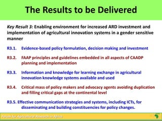 11
Click to edit Master title style
5/16/2013 11Forum for Agricultural Research in Africa
The Results to be Delivered
Key Result 3: Enabling environment for increased ARD investment and
implementation of agricultural innovation systems in a gender sensitive
manner
R3.1. Evidence-based policy formulation, decision making and investment
R3.2. FAAP principles and guidelines embedded in all aspects of CAADP
planning and implementation
R3.3. Information and knowledge for learning exchange in agricultural
innovation knowledge systems available and used
R3.4. Critical mass of policy makers and advocacy agents avoiding duplication
and filling critical gaps at the continental level
R3.5. Effective communication strategies and systems, including ICTs, for
disseminating and building constituencies for policy changes.