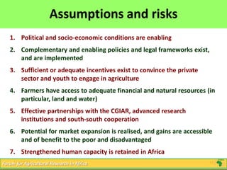 13
Click to edit Master title style
5/16/2013 13Forum for Agricultural Research in Africa
Assumptions and risks
1. Political and socio-economic conditions are enabling
2. Complementary and enabling policies and legal frameworks exist,
and are implemented
3. Sufficient or adequate incentives exist to convince the private
sector and youth to engage in agriculture
4. Farmers have access to adequate financial and natural resources (in
particular, land and water)
5. Effective partnerships with the CGIAR, advanced research
institutions and south-south cooperation
6. Potential for market expansion is realised, and gains are accessible
and of benefit to the poor and disadvantaged
7. Strengthened human capacity is retained in Africa