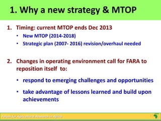 2
Click to edit Master title style
5/16/2013 2Forum for Agricultural Research in Africa
1. Why a new strategy & MTOP
1. Timing: current MTOP ends Dec 2013
• New MTOP (2014-2018)
• Strategic plan (2007- 2016) revision/overhaul needed
2. Changes in operating environment call for FARA to
reposition itself to:
• respond to emerging challenges and opportunities
• take advantage of lessons learned and build upon
achievements