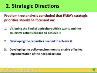 3
Click to edit Master title style
5/16/2013 3Forum for Agricultural Research in Africa
2. Strategic Directions
Problem tree analysis concluded that FARA’s strategic
priorities should be focussed on:
1. Visioning the kind of agriculture Africa wants and the
collective actions needed to achieve it
2. Developing the capacities needed to achieve it
3. Developing the policy environment to enable effective
implementation of the needed actions