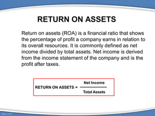 RETURN ON ASSETS
Return on assets (ROA) is a financial ratio that shows
the percentage of profit a company earns in relation to
its overall resources. It is commonly defined as net
income divided by total assets. Net income is derived
from the income statement of the company and is the
profit after taxes.
Net Income
RETURN ON ASSETS =
Total Assets
 