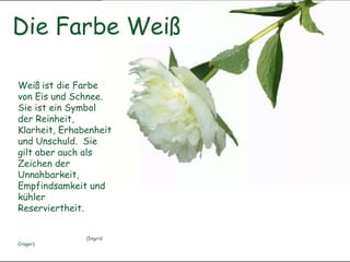 Die Farbe Weiß
Weiß ist die Farbe
von Eis und Schnee.
Sie ist ein Symbol
der Reinheit,
Klarheit, Erhabenheit
und Unschuld. Sie
gilt aber auch als
Zeichen der
Unnahbarkeit,
Empfindsamkeit und
kühler
Reserviertheit.
(Ingrid
Crüger)
 