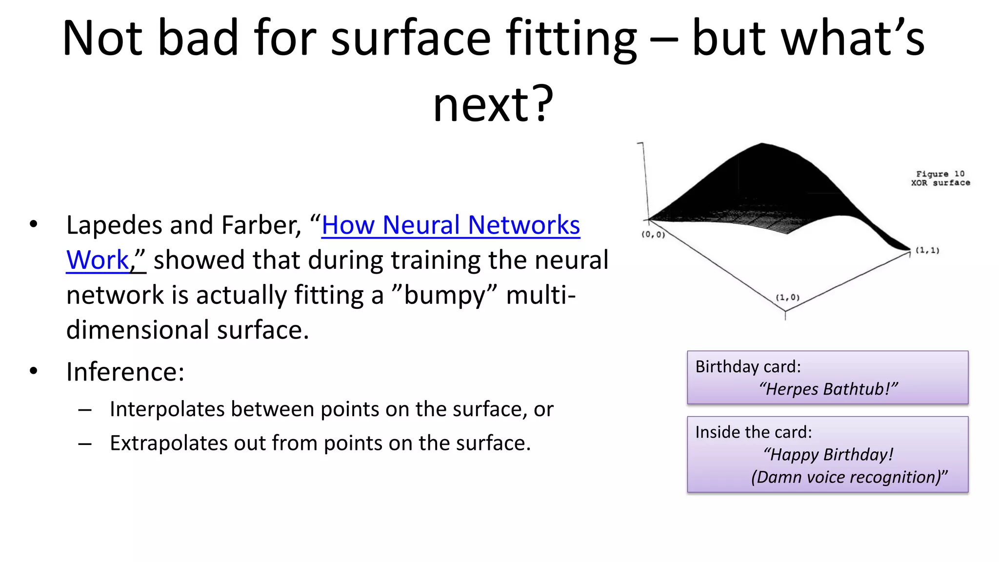 Not bad for surface fitting – but what’s
next?
• Lapedes and Farber, “How Neural Networks
Work,” showed that during training the neural
network is actually fitting a ”bumpy” multi-
dimensional surface.
• Inference:
– Interpolates between points on the surface, or
– Extrapolates out from points on the surface.
Birthday card:
“Herpes Bathtub!”
Inside the card:
“Happy Birthday!
(Damn voice recognition)”
 