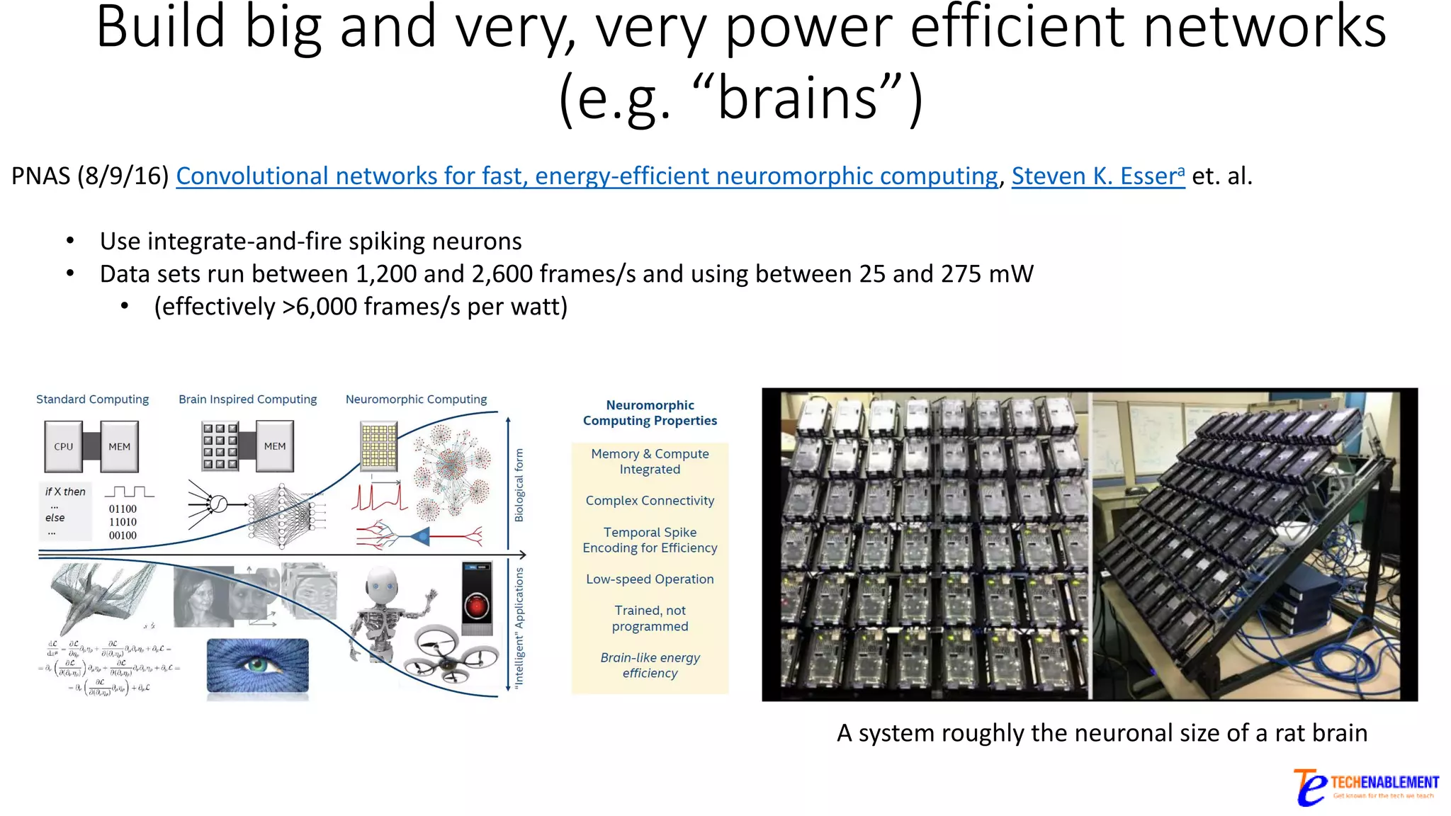 Build big and very, very power efficient networks
(e.g. “brains”)
A system roughly the neuronal size of a rat brain
PNAS (8/9/16) Convolutional networks for fast, energy-efficient neuromorphic computing, Steven K. Essera et. al.
• Use integrate-and-fire spiking neurons
• Data sets run between 1,200 and 2,600 frames/s and using between 25 and 275 mW
• (effectively >6,000 frames/s per watt)
 