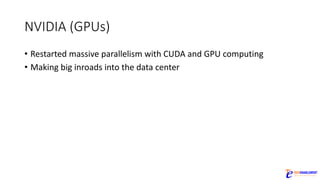 NVIDIA	(GPUs)
• Restarted	massive	parallelism	with	CUDA	and	GPU	computing
• Making	big	inroads	into	the	data	center
 
