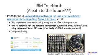 IBM	TrueNorth
(A	path	to	the	future???)
• PNAS	(8/9/16)	Convolutional	networks	for	fast,	energy-efficient	
neuromorphic	computing,	Steven	K.	Essera et.	al.
• Chip	implements	networks	using	integrate-and-fire	spiking	neurons
• IBM	researchers	ran	the	datasets	at	between	1,200	and	2,600	frames/s	and	
using	between	25	and	275	mW (effectively	>6,000	frames/s	per	watt)
• Can	go	really	big
A	system	roughly	the	neuronal	size	of	a	rat	brain
 