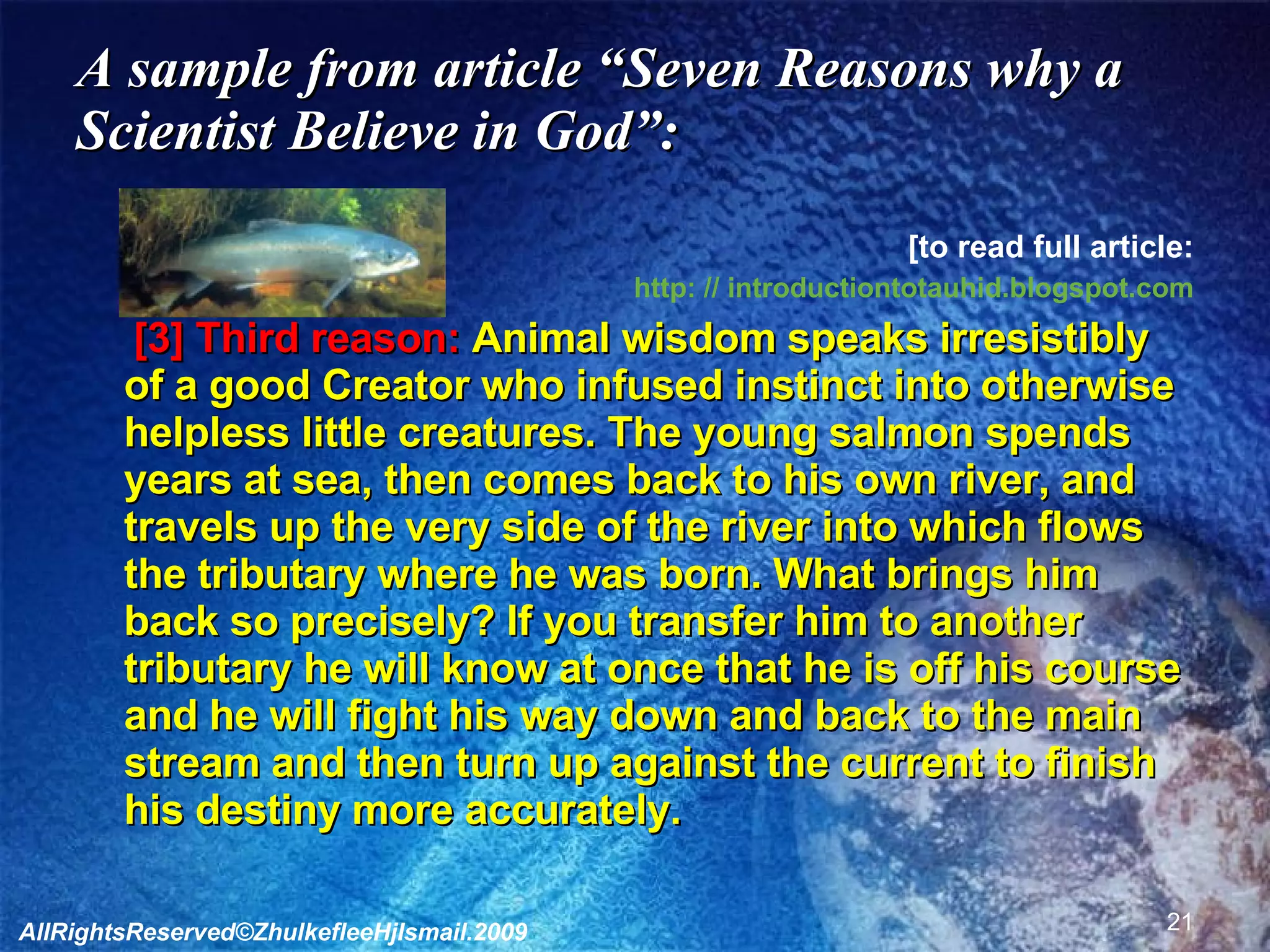 A sample from article “Seven Reasons why a Scientist Believe in God”:   [to read full article: http: // introductiontotauhid.blogspot.com [3] Third reason:  Animal wisdom speaks irresistibly of a good Creator who infused instinct into otherwise helpless little creatures. The young salmon spends years at sea, then comes back to his own river, and travels up the very side of the river into which flows the tributary where he was born. What brings him back so precisely? If you transfer him to another tributary he will know at once that he is off his course and he will fight his way down and back to the main stream and then turn up against the current to finish his destiny more accurately. AllRightsReserved©ZhulkefleeHjIsmail.2009 