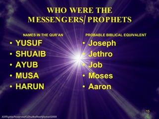 NAMES IN THE QUR’AN YUSUF SHUAIB AYUB MUSA HARUN Joseph Jethro Job Moses Aaron WHO WERE THE MESSENGERS/PROPHETS PROBABLE BIBLICAL EQUIVALENT AllRightsReserved©ZhulkefleeHjIsmail2009 