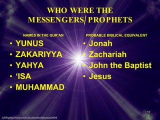 WHO WERE THE MESSENGERS/PROPHETS NAMES IN THE QUR’AN YUNUS ZAKARIYYA YAHYA ‘ ISA MUHAMMAD PROBABLE BIBLICAL EQUIVALENT Jonah Zachariah John the Baptist Jesus AllRightsReserved©ZhulkefleeHjIsmail2009 