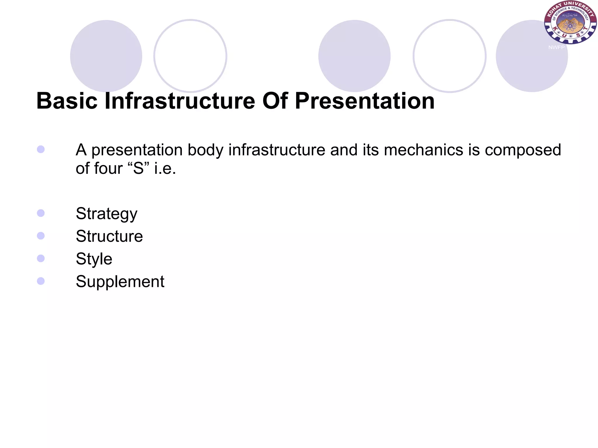 Basic Infrastructure Of Presentation A presentation body infrastructure and its mechanics is composed of four “S” i.e. Strategy Structure Style Supplement 