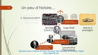 Un peu d’histoire…
Raymond Loevy a décoré Air Force One pour John Kennedy, le Concorde, Objets
Coca, logos BP, etc.
1.  Dieter RAMS
2.  Raymond LOEVY
3.  Walter GROPIUS
4.  William MORRIS
Bouteille
Coca Cola
Logo Shell Voiture 2
passagers
Locomotive
Pennyslavie
fabricant designer textile,
imprimeur, écrivain,
poète, peintre anglais
architecte, designer et
urbaniste allemand
designer industriel et
graphiste français
designer industriel
allemand contemporain
10
 