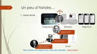 Un peu d’histoire…
Mieux dessiner les objets et les rendre plus désirable : Less is more !
1.  Dieter RAMS
2.  Raymond LOEVY
3.  Walter GROPIUS
4.  William MORRIS
Magnétophone Baladeur Téléphone
Ecran
fabricant designer textile,
imprimeur, écrivain,
poète, peintre anglais
architecte, designer et
urbaniste allemand
designer industriel et
graphiste français
designer industriel
allemand contemporain
(Braun)
11
 