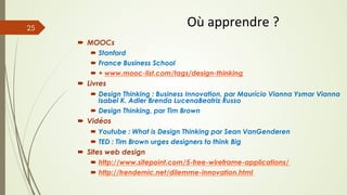 ´  MOOCs
´  Stanford
´  France Business School
´  + www.mooc-list.com/tags/design-thinking
´  Livres
´  Design Thinking : Business Innovation, par Maurício Vianna Ysmar Vianna
Isabel K. Adler Brenda LucenaBeatriz Russo
´  Design Thinking, par Tim Brown
´  Vidéos
´  Youtube : What is Design Thinking par Sean VanGenderen
´  TED : Tim Brown urges designers to think Big
´  Sites web design
´  http://www.sitepoint.com/5-free-wireframe-applications/
´  http://trendemic.net/dilemme-innovation.html
Où	
  apprendre	
  ?	
  25
 