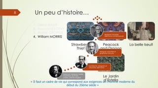 Un peu d’histoire…
1.  Dieter RAMS
2.  Raymond LOEVY
3.  Walter GROPIUS
4.  William MORRIS
« Il faut un cadre de vie qui correspond aux exigences de l’homme moderne du
début du 20ème siècle »
Strawberry
Thief
Peacock
and Dragon
La belle Iseult
Le Jardin
d’Estella
fabricant designer textile,
imprimeur, écrivain,
poète, peintre anglais
architecte, designer et
urbaniste allemand
designer industriel et
graphiste français
designer industriel
allemand contemporain
8
 