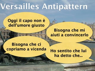 Versailles Antipattern
 Oggi il capo non è
 dell’umore giusto
                        Bisogna che mi
                      aiuti a convincerlo

   Bisogna che ci
 copriamo a vicenda Ho sentito che lui
                     ha detto che...
 