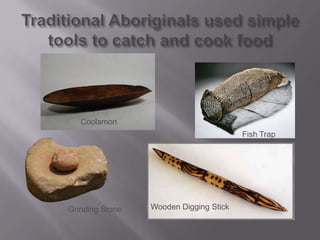 Traditional Aboriginals used simple tools to catch and cook food CoolamonFish TrapWooden Digging StickGrinding Stone