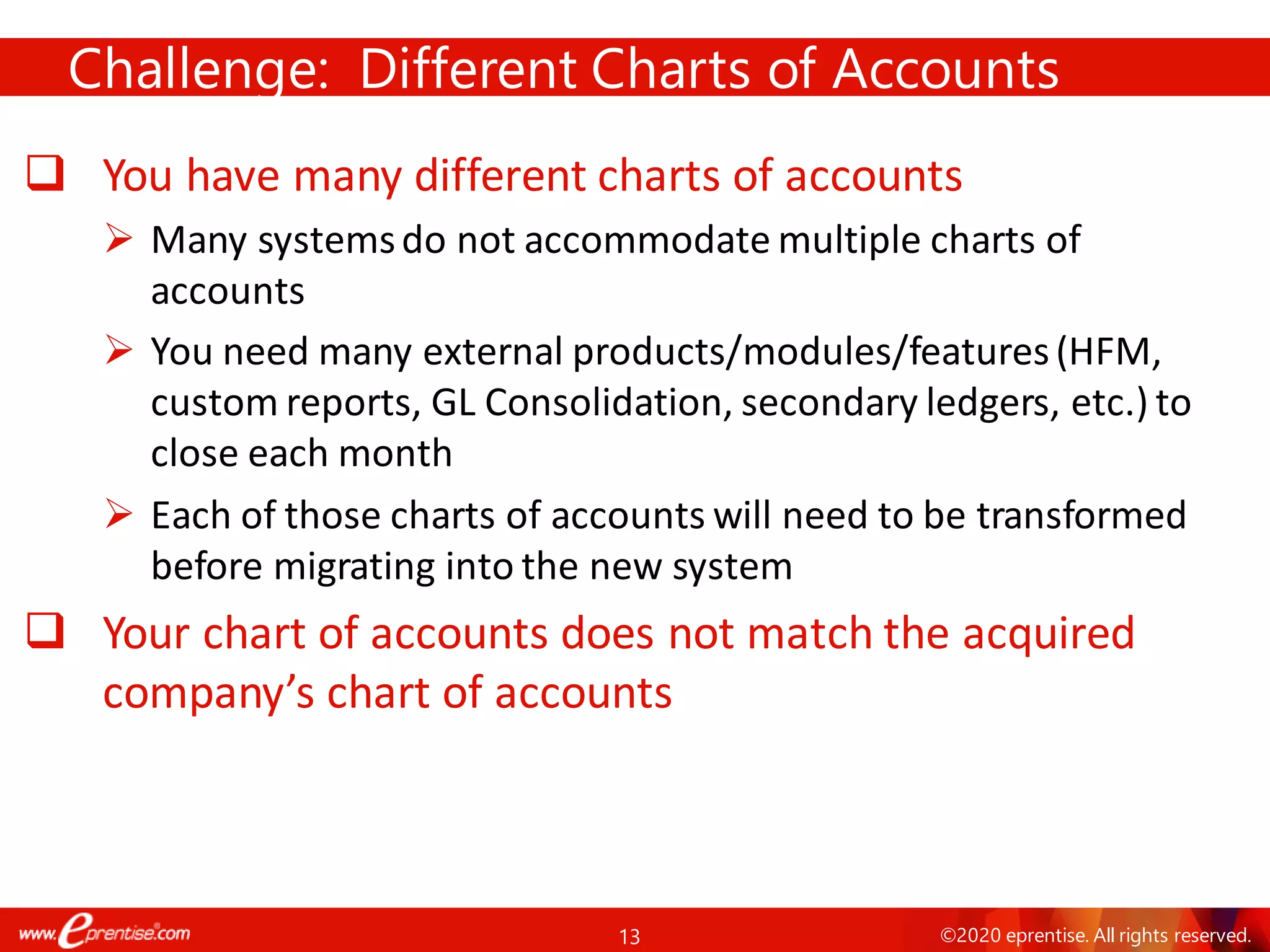 13 ©2020 eprentise. All rights reserved.
❑ You have many different charts of accounts
➢ Many systemsdo not accommodate multiple charts of
accounts
➢ You need many external products/modules/features(HFM,
custom reports, GL Consolidation, secondary ledgers, etc.) to
close each month
➢ Each of those charts of accounts will need to be transformed
before migrating into the new system
❑ Your chart of accounts does not match the acquired
company’s chart of accounts
Challenge: Different Charts of Accounts
 