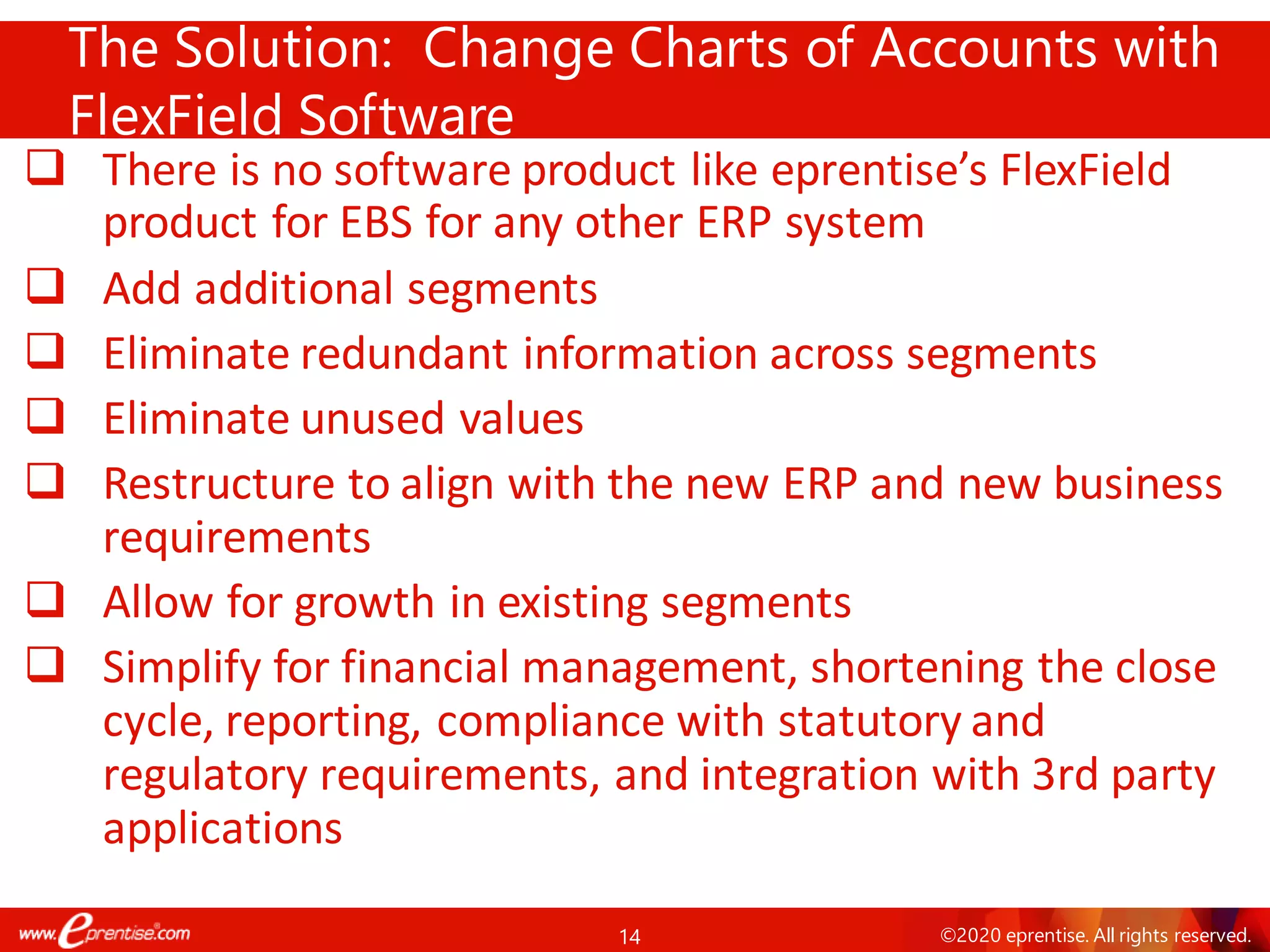 14 ©2020 eprentise. All rights reserved.
❑ There is no software product like eprentise’s FlexField
product for EBS for any other ERP system
❑ Add additional segments
❑ Eliminate redundant information across segments
❑ Eliminate unused values
❑ Restructure to align with the new ERP and new business
requirements
❑ Allow for growth in existing segments
❑ Simplify for financial management, shortening the close
cycle, reporting, compliance with statutory and
regulatory requirements, and integration with 3rd party
applications
The Solution: Change Charts of Accounts with
FlexField Software
 