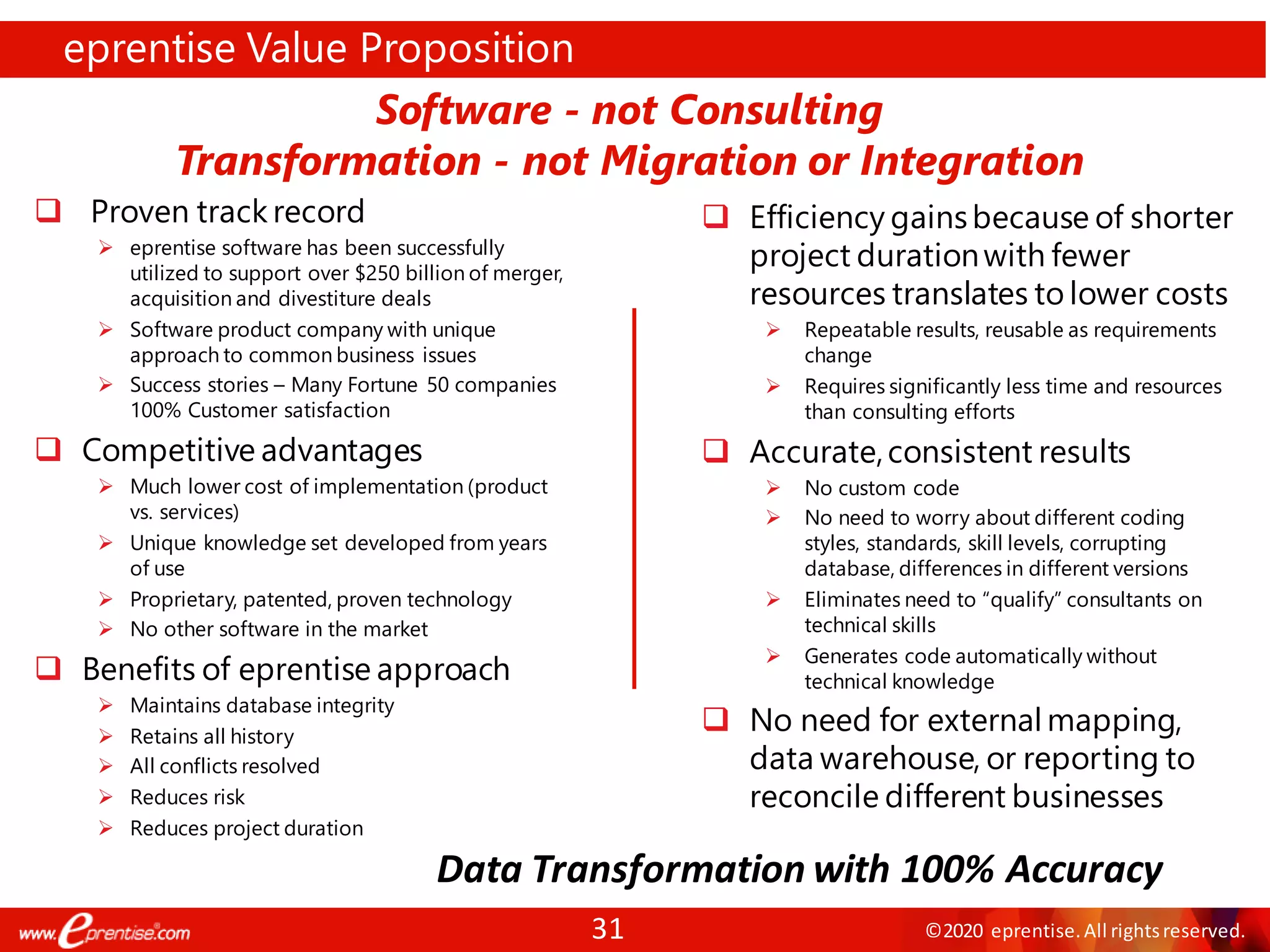 31 ©2020 eprentise.All rightsreserved.
eprentise Value Proposition
❑ Proven track record
➢ eprentise software has been successfully
utilized to support over $250 billion of merger,
acquisition and divestiture deals
➢ Software product company with unique
approach to common business issues
➢ Success stories – Many Fortune 50 companies
100% Customer satisfaction
❑ Competitive advantages
➢ Much lower cost of implementation (product
vs. services)
➢ Unique knowledge set developed from years
of use
➢ Proprietary, patented, proven technology
➢ No other software in the market
❑ Benefits of eprentise approach
➢ Maintains database integrity
➢ Retains all history
➢ All conflicts resolved
➢ Reduces risk
➢ Reduces project duration
❑ Efficiency gainsbecause of shorter
project durationwith fewer
resources translates to lower costs
➢ Repeatable results, reusable as requirements
change
➢ Requires significantly less time and resources
than consulting efforts
❑ Accurate,consistent results
➢ No custom code
➢ No need to worry about different coding
styles, standards, skill levels, corrupting
database, differences in different versions
➢ Eliminates need to “qualify” consultants on
technical skills
➢ Generates code automatically without
technical knowledge
❑ No need for externalmapping,
data warehouse, or reporting to
reconcile different businesses
Software - not Consulting
Transformation - not Migration or Integration
Data Transformation with 100% Accuracy
 