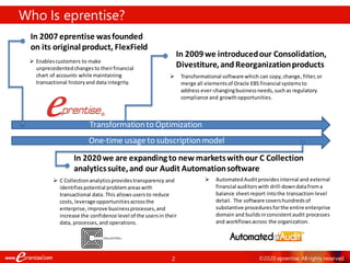 2 ©2020 eprentise. All rights reserved.
Who Is eprentise?
In 2007eprentise wasfounded
on its originalproduct, FlexField
➢ Enablescustomers to make
unprecedentedchangesto theirfinancial
chart of accounts while maintaining
transactional historyand data integrity.
In 2009we introducedour Consolidation,
Divestiture,and Reorganizationproducts
➢ Transformational software which can copy, change, filter,or
merge all elementsof Oracle EBS financial systemsto
address ever-changingbusinessneeds,suchas regulatory
compliance and growthopportunities.
In 2020we are expandingto new marketswith our C Collection
analyticssuite,and our Audit Automationsoftware
➢ AutomatedAuditprovidesinternal and external
financial auditorswith drill-downdatafroma
balance sheetreport intothe transaction-level
detail. The software covershundredsof
substantive proceduresforthe entire enterprise
domain and buildsinconsistentaudit processes
and workflowsacross the organization.
➢ C Collectionanalyticsprovidestransparency and
identifiespotential problemareaswith
transactional data. This allowsusersto reduce
costs, leverage opportunitiesacrossthe
enterprise, improve businessprocesses, and
increase the confidence level of the usersin their
data, processes,and operations.
Transformationto Optimization
One-time usage to subscriptionmodel
 