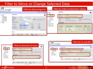 23 ©2020 eprentise. All rights reserved.
Filter to Move or Change Selected Data
Filter by Code Combination Values
Filter by LE and BSV
Filter by Business Groups
Filter by OperatingUnit
 