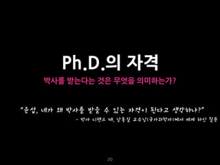 20
Ph.D.의 자격
박사를 받는다는 것은 무엇을 의미하는가?
“윤섭, 네가 왜 박사를 받을 수 있는 자격이 된다고 생각하나?”
- 박사 디펜스 때, 남홍길 교수님(국가과학자)께서 제게 하신 질문 
 