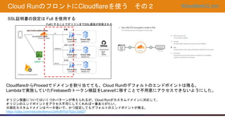 #CloudflareUG_hnd
Cloud RunのフロントにCloudflareを使う その２
SSL証明書の設定は Full を使用する
FullにすることでオリジンまでSSL通信が担保される
CloudflareからProxiedでドメインを割り当てても、Cloud Runのデフォルトのエンドポイントは残る。
Lambdaで実施していたFirebaseのトークン検証をLaravelに移すことで不用意にアクセスできないようにした。
オリジン保護についてはいくつかパターンが考えられるが、Cloud Runがカスタムドメインに対応して、
オリジンのエンドポイントをアクセス不可にしてくれれば一番ありがたい。
※現在カスタムドメインはベータ扱いで、かつ設定してもデフォルトのエンドポイントが残る。
https://qiita.com/nidcode/items/c2e8cf97bd752cc3a027
 