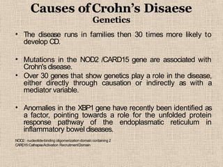 Causes ofCrohn’s Disaese
•
Genetics
The disease runs in families then 30 times more likely to
develop CD.
•
•
Mutations in the NOD2 /CARD15 gene are associated with
Crohn's disease.
Over 30 genes that show genetics play a role in the disease,
either directly through causation or indirectly as with a
mediator variable.
• Anomalies in the XBP1 gene have recently been identified as
a factor, pointing towards a role for the unfolded protein
response pathway of the endoplasmatic reticulum in
inflammatory bowel diseases.
NOD2: nucleotide-binding oligomerization domain containing 2
CARD15:CathapseActivation RecruitmentDomain
 