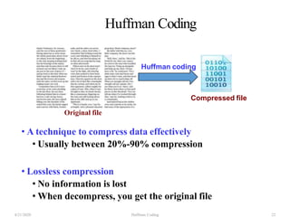 • A technique to compress data effectively
• Usually between 20%-90% compression
• Lossless compression
• No information is lost
• When decompress, you get the original file
4/21/2020 Huffman Coding 22
Compressed file
Huffman coding
Original file
Huffman Coding
 