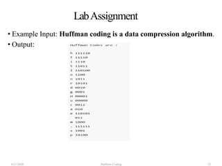 LabAssignment
• Example Input: Huffman coding is a data compression algorithm.
• Output:
4/21/2020 Huffman Coding 52
 