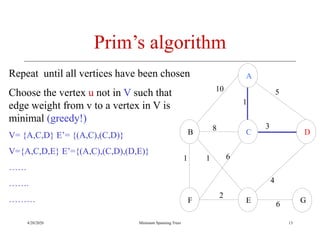 4/20/2020 Minimum Spanning Trees
Prim’s algorithm
Repeat until all vertices have been chosen
Choose the vertex u not in V such that
edge weight from v to a vertex in V is
minimal (greedy!)
V= {A,C,D} E’= {(A,C),(C,D)}
V={A,C,D,E} E’={(A,C),(C,D),(D,E)}
……
…….
………
A
B C D
F E
10
1
5
8 3
1 1 6
2
4
6 G
13
 