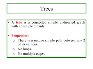 Trees
• A tree is a connected simple undirected graph
with no simple circuits.
• Properties:
o There is a unique simple path between any 2
of its vertices.
o No loops.
o No multiple edges.
 