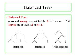 Balanced Trees
• Balanced Tree
A rooted m-ary tree of height h is balanced if all
leaves are at levels h or h - 1.
Balanced Balanced Not Balanced
 