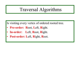 Traversal Algorithms
Is visiting every vertex of ordered rooted tree.
• Pre-order: Root, Left, Right.
• In-order: Left, Root, Right.
• Post-order: Left, Right, Root.
 