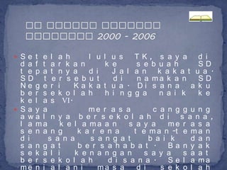  Se t e l a h      l u l    u s   TK, s a y a d i
  d a f t a r k a n      k   e     s e b u a h    SD
  t e p a t n y a   d i      J a l a n k a k a t u a .
  SD t e r s e b    u t      d i    n a ma k a n  SD
  Ne g e r i     Ka k a t    u a . Di s a n a a k u
  b e r s e k o l a h    h   i n g g a   n a i k  k e
  k e l a s VI.
 Sa y a             me r a s a        c a n g g u n g
  a wa l n y a b e r s e k o l a h d i s a n a ,
  l a ma     k e l a ma a n     s a y a     me r a s a
  s e n a n g     k a r e n a    t e m a n -t e m a n
  d i    s a n a     s a n g a t      b a i k     d a n
  s a n g a t     b e r s a h a b a t .     Ba n y a k
  s e k a l i    k e n a n g a n    s a y a     s a a t
  b e r s e k o l a h     d i s a n a .     S e l a ma
  me n j a l a n i     ma s a     d i    s e k o l a h
 