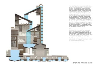 Brief and Intended Users
A bath house that alllows the site to become more lively
again and alllow the peopele of porto to move back into
the district. The neighhbourhood currently is attracting
tourists for its history of wine houses. This bath house
on the other hand will allow the locals to use it in order
to faciliatate having a relaxig bath for both genders as
most houses in porto are very small and lack in havimg
bath spaces big enough for self comfort within a family
home. These bath facilties will be available to everyone.
The bath house exists of residential abandoned homes
which have become derelict. The use of residential spaces
in order to bring the people of porto back to stay will
also be inbedded in the new design above the bath house.
The chosen site will be divided into three parts to use the
space. A bath house on the lower ground floors alongside a
public pedestrian pathway that will enable the use for the
both public and private users to cross between parralell
streets. the higher levels will ocupied by the use of recid-
ency for the people of porto to dwell in.
Why?
Porto is known for its wine making and therfore very
industrial as its use, howver its image and landscape is a
collage from a distance. The abandoned houses came afetr
its port was moved to matsinious, more towards the sea.
This project aims to inhabit portos district areas and allow
a better lifestyle for the people who would return.
Intended Users:
Local community,, local old peoples homes, Couples residency
and Travellers, Local washhouse users.
 