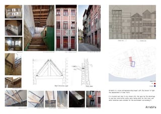 Alluminuim profiles for stud walls
Left: studying site, Right: Arrebita site
Windows showing details between sites
Arrebita ‘s Developing site ElevationSIte at starting construction phase
Sectional model proposed changes
Building materials
Roof Development at rear
Roof Development at Front
Supporting roof structure Roof beam settlement Roof beam settlement Roof beam alluminuim rafters
Party WallRoof Structure span
Scale 1:175
Site
Arrebita
Arrebita
Arrebita siteChosen site
Arrebita is a social entrepreneurship project with the mission to fight
the abandonment of inner Porto.
It is located next door to my chosen site, this gave me the advantage
to see how construction works were taking place for that area, and
which materials were suitable for the environment surrounding it.
 