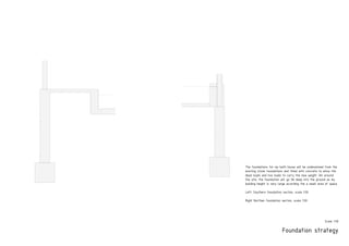 Foundation strategy
Scale 1:50
PRODUCED BY AN AUTODESK EDUCATIONAL PRODUCT
PRODUCEDBYANAUTODESKEDUCATIONALPRODUCT
PRODUCEDBYANAUTODESKEDUCATIONALPRODUCT
PRODUCED BY AN AUTODESK EDUCATIONAL PRODUCT
PRODUCEDBYANAUTODESKEDUCATIONALPRODUCT
The foundations for my bath house will be underpinned from the
existing stone foundations and filled with concrete to allow the
dead loads and live loads to carry the new weight. All around
the site, the foundation will go 3m deep into the ground as my
building height is very large according the a small area of space.
Left: Southern foundation section, scale 1:50
Right Northen foundation section, scale 1:50
 