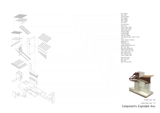 PRODUCED BY AN AUTODESK EDUCATIONAL PRODUCTPRODUCEDBYANAUTODESKEDUCATIONALPRODUCT
PRODUCEDBYANAUTODESKEDUCATIONALPRODUCT
PRODUCEDBYANAUTODESKEDUCATIONALPRODUCT
Roof Cladding
Roof Joists
Structural Beam
Roof Cladding
Roof Cladding
Roof Cladding
Roof Joists
Structural Beam
Roof Joists
Window frame / Beam
Vertical frame design
Window Base Frame
Structural Beam
Structural Beam
Structural Beam
Side Roof Cladding
Side supportive joist, kitchen to bath-
room
Joists, kitchen to bathroom
Ceiling 4’x2’ fra
Closit Wall
Clothes Wardrobe
Wooden Shelfing Drawer Unit
Block Side Table
Block Wall Shelfing Unit
Higher Ground Level Floor
Lower Ground Level Floor
Block Seating Area
Roof Supportive beam
Steps To Higher Level
Block Kitchen Unit
Block Side Table
Block Wall
Block Structural Wall
Components Exploded Axo
Drawing Scale- 1:100
Original Model Scale- 1:10
 