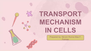 TRANSPORT
MECHANISM
IN CELLS
Prepared by: Ma’am Ronna Mae F.
Farinas
 