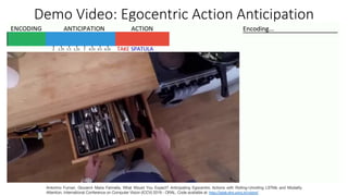 Demo Video: Egocentric Action Anticipation
Antonino Furnari, Giovanni Maria Farinella, What Would You Expect? Anticipating Egocentric Actions with Rolling-Unrolling LSTMs and Modality
Attention. International Conference on Computer Vision (ICCV) 2019 - ORAL. Code available at: http://iplab.dmi.unict.it/rulstm/
 
