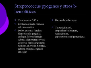 Streptococcus pyogenes y otros b-
hemoliticos
   Comun entre 5-15 a                Dx exudado faringeo
   Contacto directo manos o
    saliva aerosoles                  Tx penicilina G,
   Dolor, eritema, Parches            ampicilina/sulbactam,
    blancos en la garganta,            vancocimina,
    disfagia, fiebre de inicio         esptreptomicina/gentamicna
    súbito, adenopatia cervical-
    dolorosa, malestar general,
    nauseas, anorexia, rinorrea,
    cefalea, mialgias, rigidez
    articular
 
