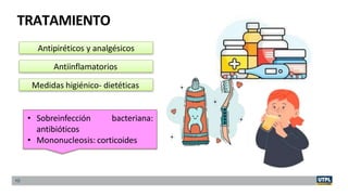 10
TRATAMIENTO
Antipiréticos y analgésicos
Antiinflamatorios
Medidas higiénico- dietéticas
bacteriana:
• Sobreinfección
antibióticos
• Mononucleosis: corticoides
 