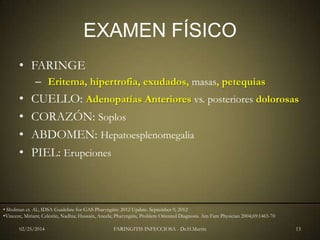 EXAMEN FÍSICO
• FARINGE
– Eritema, hipertrofia, exudados, masas, petequias

•
•
•
•

CUELLO: Adenopatías Anteriores vs. posteriores dolorosas
CORAZÓN: Soplos
ABDOMEN: Hepatoesplenomegalia
PIEL: Erupciones

• Shulman et. Al.; IDSA Guideline for GAS Pharyngitis: 2012 Update. September 9, 2012
•Vincent, Miriam; Celestin, Nadhia; Hussain, Aneela; Pharyngitis, Problem Oriented Diagnosis. Am Fam Physician 2004;69:1465-70
02/25/2014

FARINGITIS INFECCIOSA - Dr.H.Martín

13

 